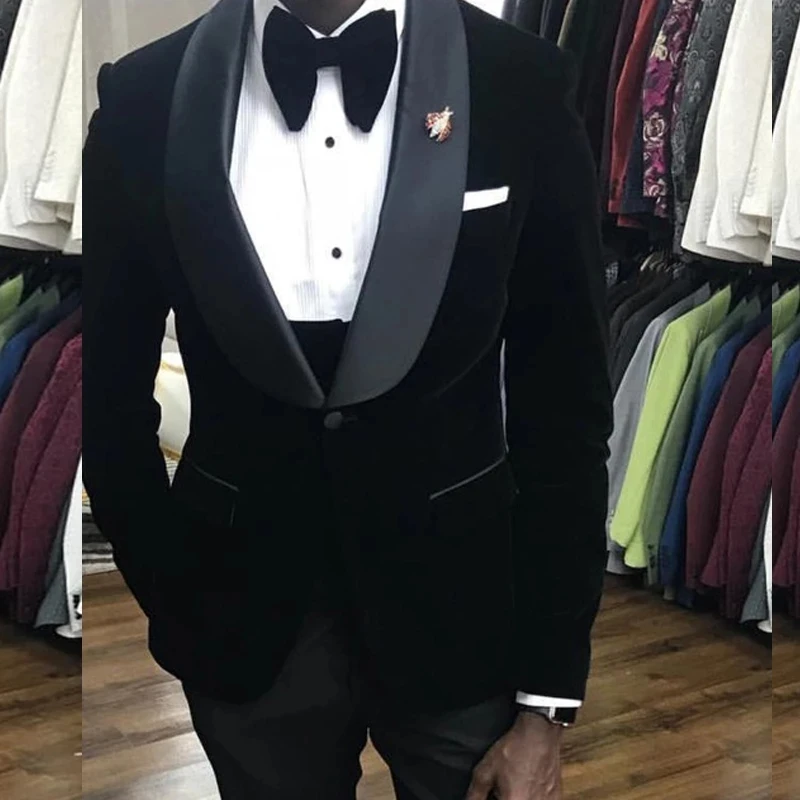 

Black Velour Costume Homme Men Suits 3 Pcs Shawl Lapel Grooms Wedding Tuxedos Terno Masculino Slim Fit Prom Jacket+Pant+Vest