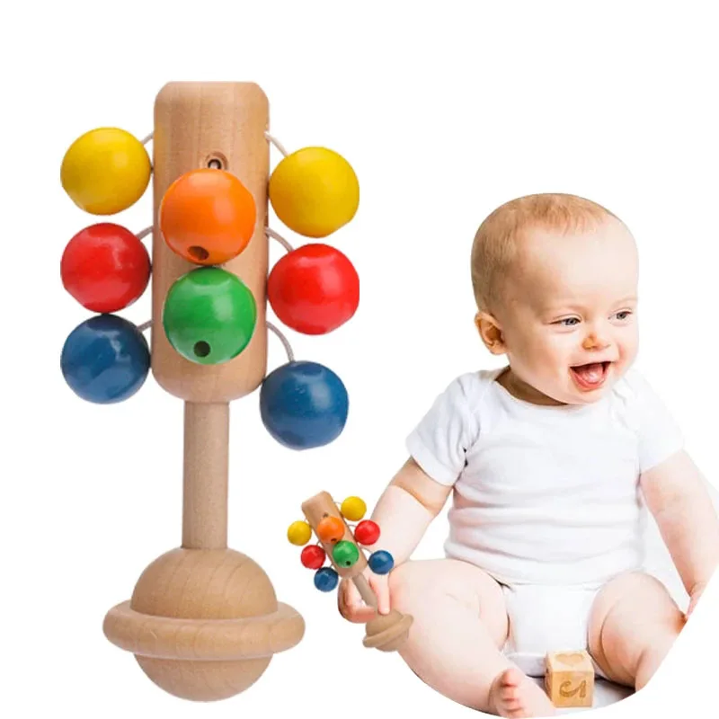 

1pc Beech Wooden Rattle Baby Teether Hand Bells Toy Montessori Educational Toys Music Listening Training Baby Toy Products Gift