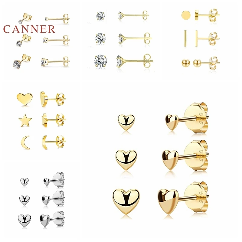 CANNER 3Pcs/Set 925 Sterling Silver Earrings For Women Ins Heart Stud Earrings Golden Jewelry Ear Piercing 2021 Trend Mom Gift