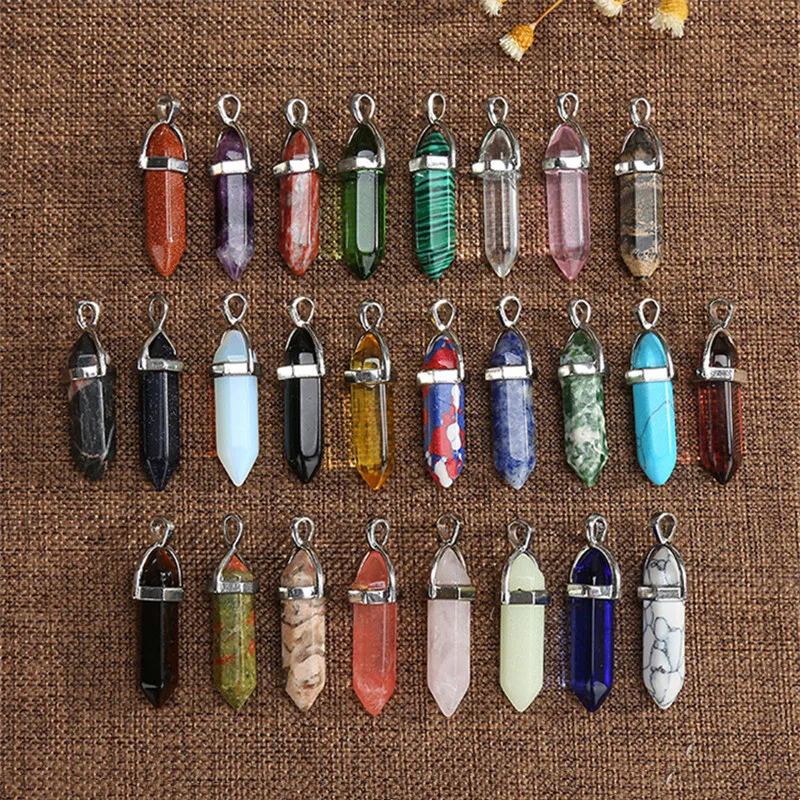 5PCS Natural Stone Crystal Agate Bullet Hexagon Pillar Necklace Pendant Quartz Poin