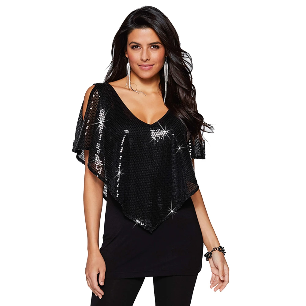 

Summer Women Lady Beautiful Sequin Sparkle Shawl Glitter Stretch V-neck Cotton Tops Short sleeve T-Shirts