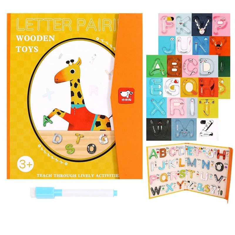Montessori Wooden 26Pcs Magnetic English Letters Board Game Alphabets Languages Learning Book Educational Toy for Children Gifts