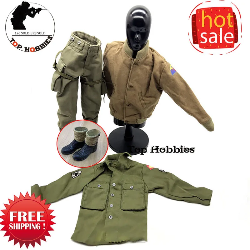 Segunda Guerra Mundial Militar Camisa e Calças Terno, Ranger Combat Botas, Escala 1:6, Roupas Soldado, Action Figure Acessórios, DIY, DML, Camisa, Calças, EUA