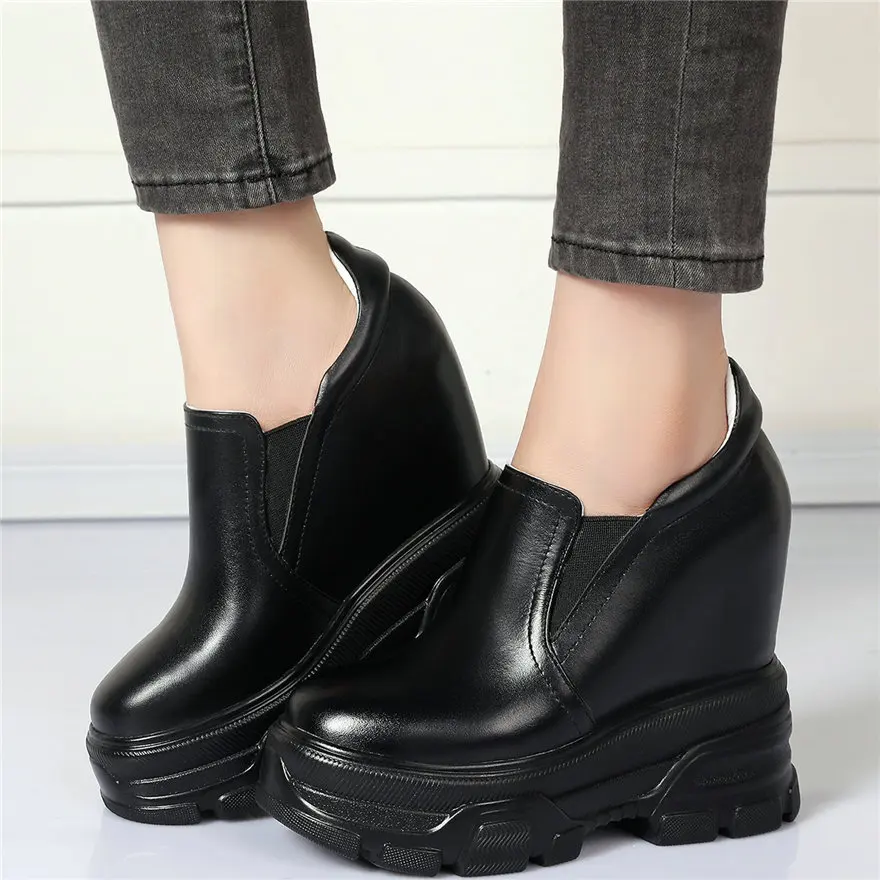 

Fashion Sneakers Women Genuine Leather Wedges High Heel Vulcanized Shoes Female Slip On Round Toe Platform Party Pumps Shoes