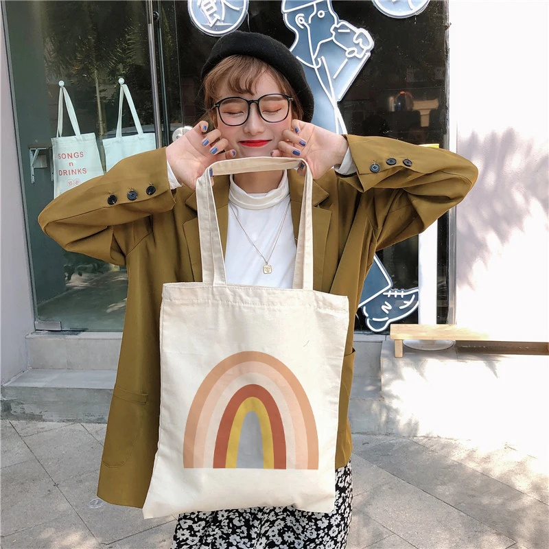 Rainbow Cotton Canvas Bag Women\'s Casual Shoulder Bags Lady Handbag Reusable Large Capacity Tote Bags Student Book Bag