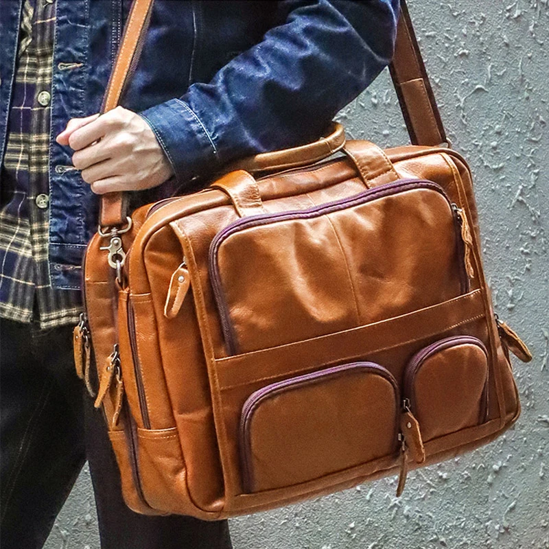 Laptop Bag Genuine Leather Men Briefcase 15.6 17 inch Business Tote Vintage Male Big Shoulder Bag Travel Duffel Huawei Air Pro