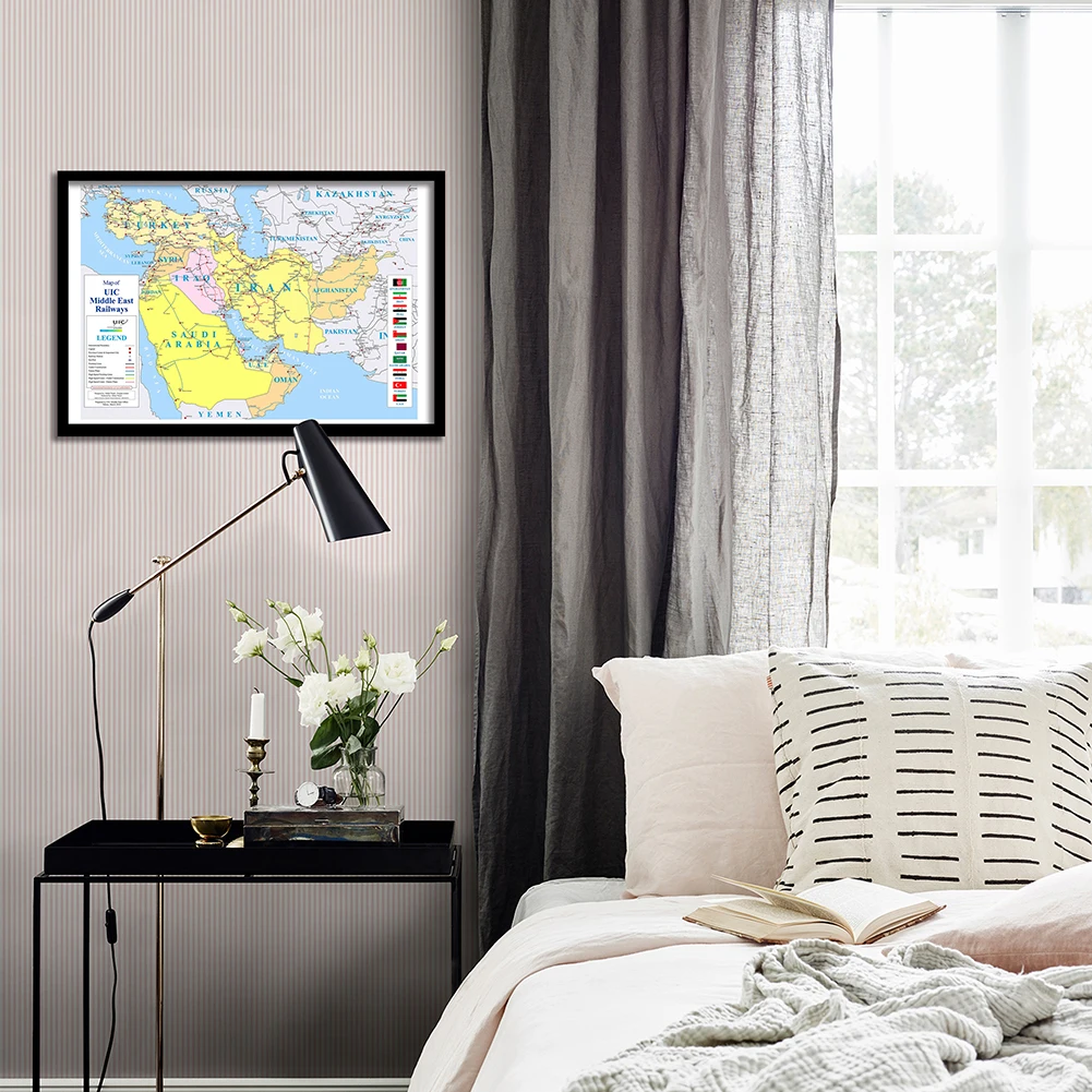 59*42cm Map of Middle East Railways with Country Flags Vintage Poster Canvas Painting Home Decoration Travel School Supplies