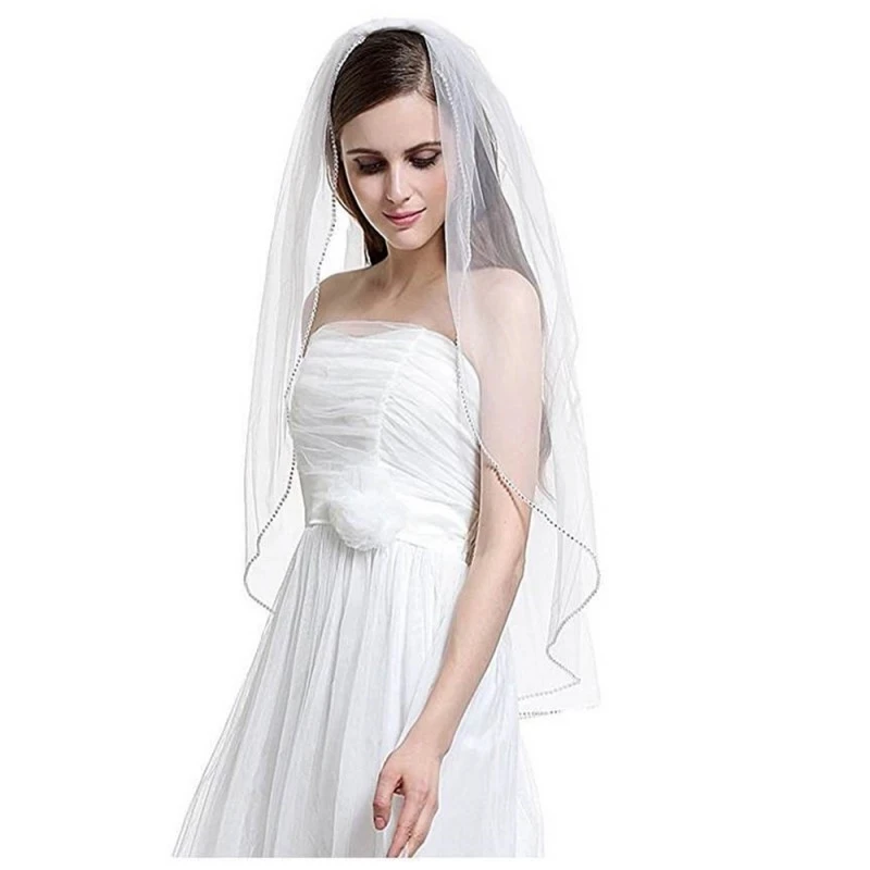 

Short Woman Wedding Veils One Layer 75 Cm With Comb White Ivory Veil For Bridal Beaded Edge Tulle