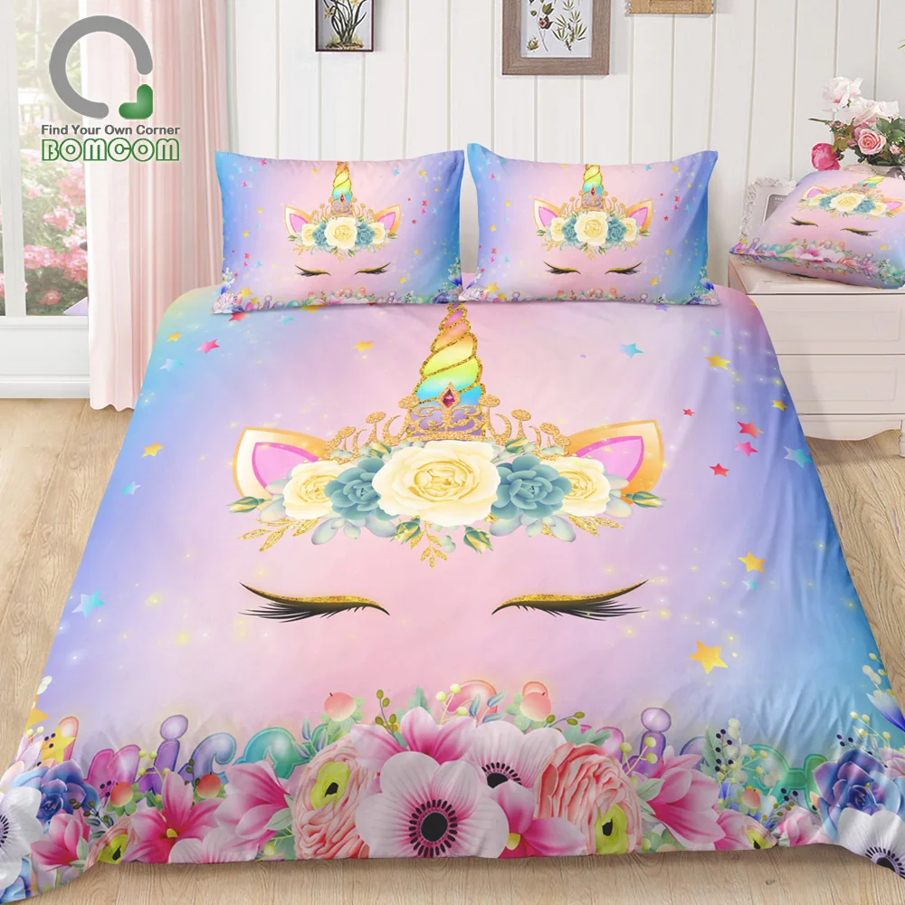 BOMCOM 3D Digital Printing Bedding Set Unicorn Face Smile with Crown in Flowers 3-Piece Duvet Cover Sets 100% Microfiber