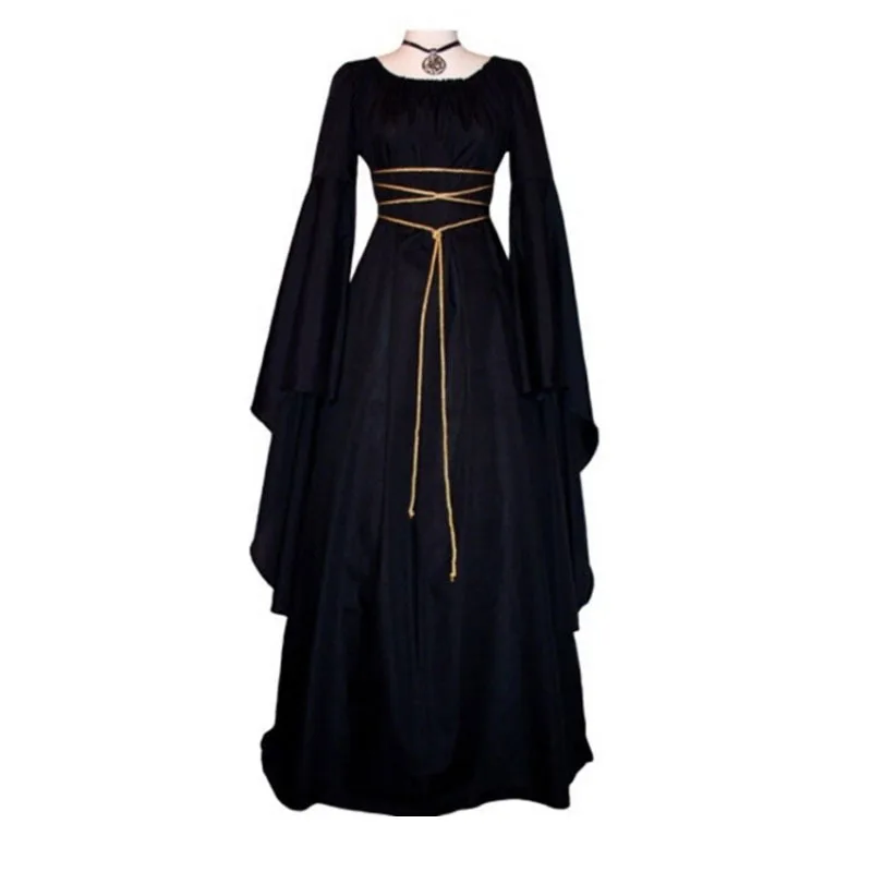 Women Medieval Gothic Floor Length Dresses Cosplay Retro Long Dress Middle Age Vintage Costumes Sexy Long Sleeve Lace-Up Dress