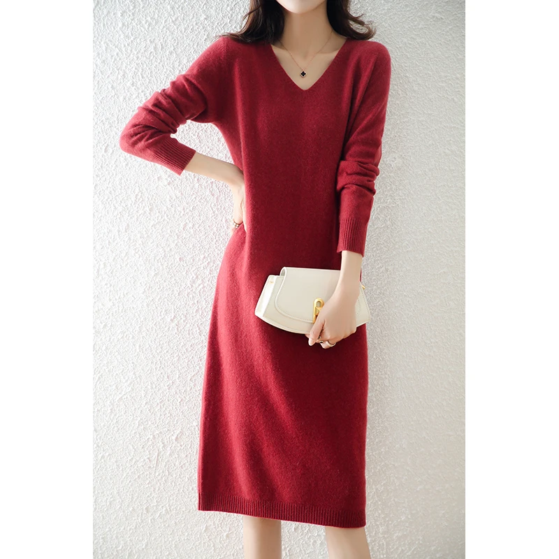 Autumn Winter 100% Wool Sweater Long Pullover Elegant Knit Straight Dress Women V-neck Loose Warm Casual Chic Dress Spring