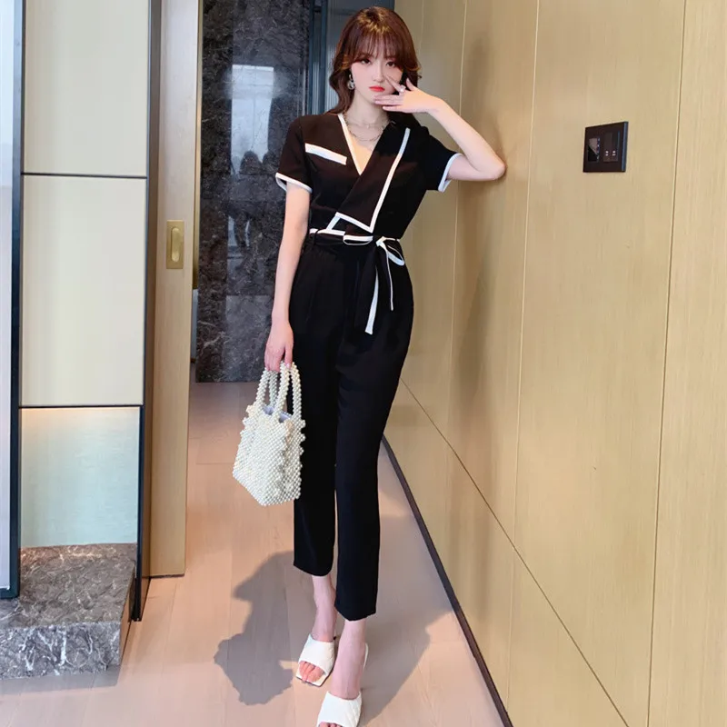 

2020 Summer Slim V Neck Black Jumpsuit Casual Long Pencil Pants Trousers Vintage Ladies Rompers Bow Sexy Party Womens Jumpsuits