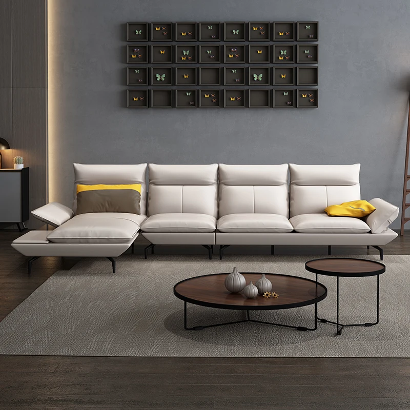 minimalist style living room corner sofa top grain leather  gray black cowhide small house type leather  sofas for living room