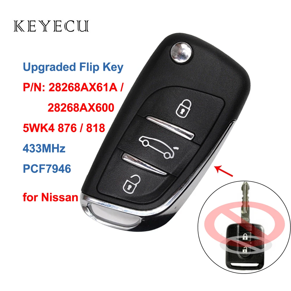 Keyecu Upgraded Flip Car Remote Key 433MHz PCF7946 for Nissan Cabster Micra Navara Note NV200 Pathfinder Qashqai 5WK4 876 / 818