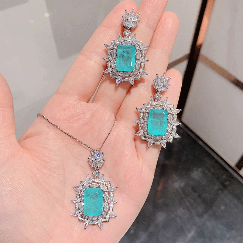 

Moissanite Emerald Paraiba Tourmaline Earrings Necklace Adjustable Ring for Women Wedding Engagement Fashion Flower Jewelry