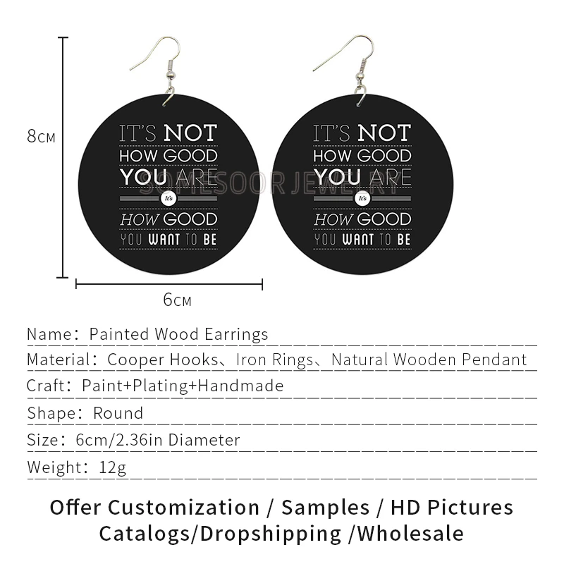 SOMESOOR Front Back Printed Black Positive Sayings African Wooden Drop Earrings Wrinting How Good You Want To Be For Women Gifts