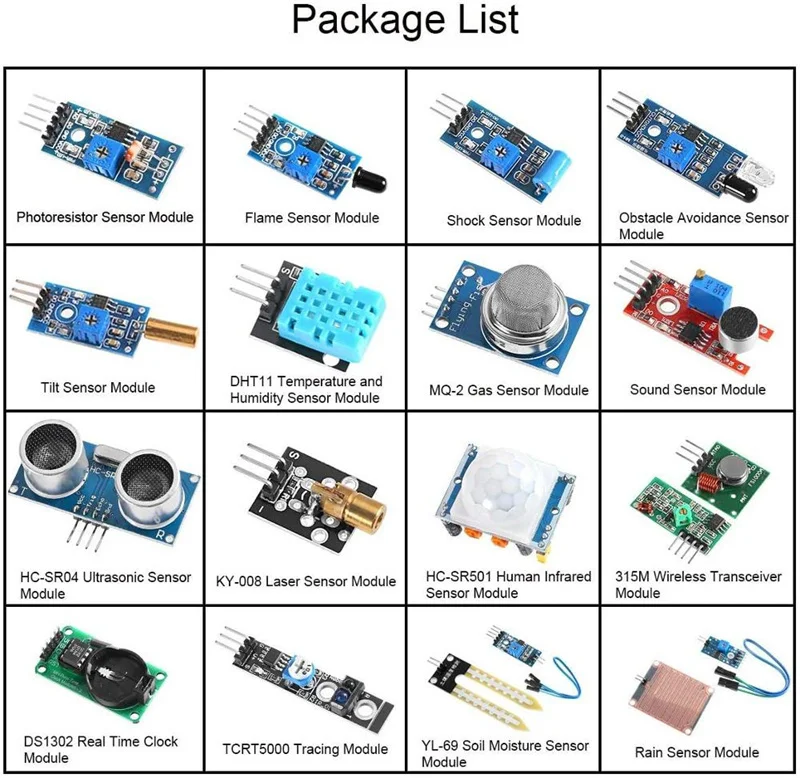 Kit de capteurs 16 en 1 pour Arduino Raspberry Project, Super démarreur pour UNO R3 Mega2560 Mega328 Nano Raspberry Pi 4b 3