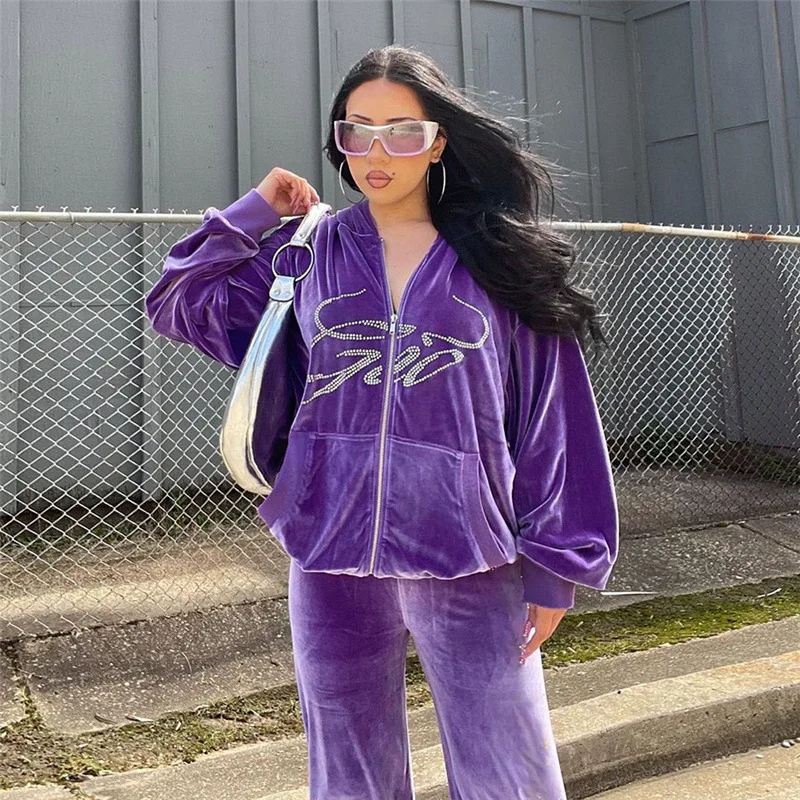 

Letter Rhinestone Velvet Two Piece Set Pocket Hoodie Sweatshirt+Casual Pants Autumn Winter Streetwear Matching Suit Outfits 2021