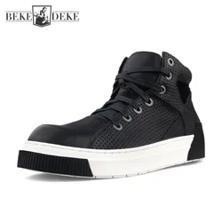 Summer Mens High Top Sneakers Round Toe Hollow Out Breathable Platform Genuine Leather Shoes Casual Flat Designer Shoes Male