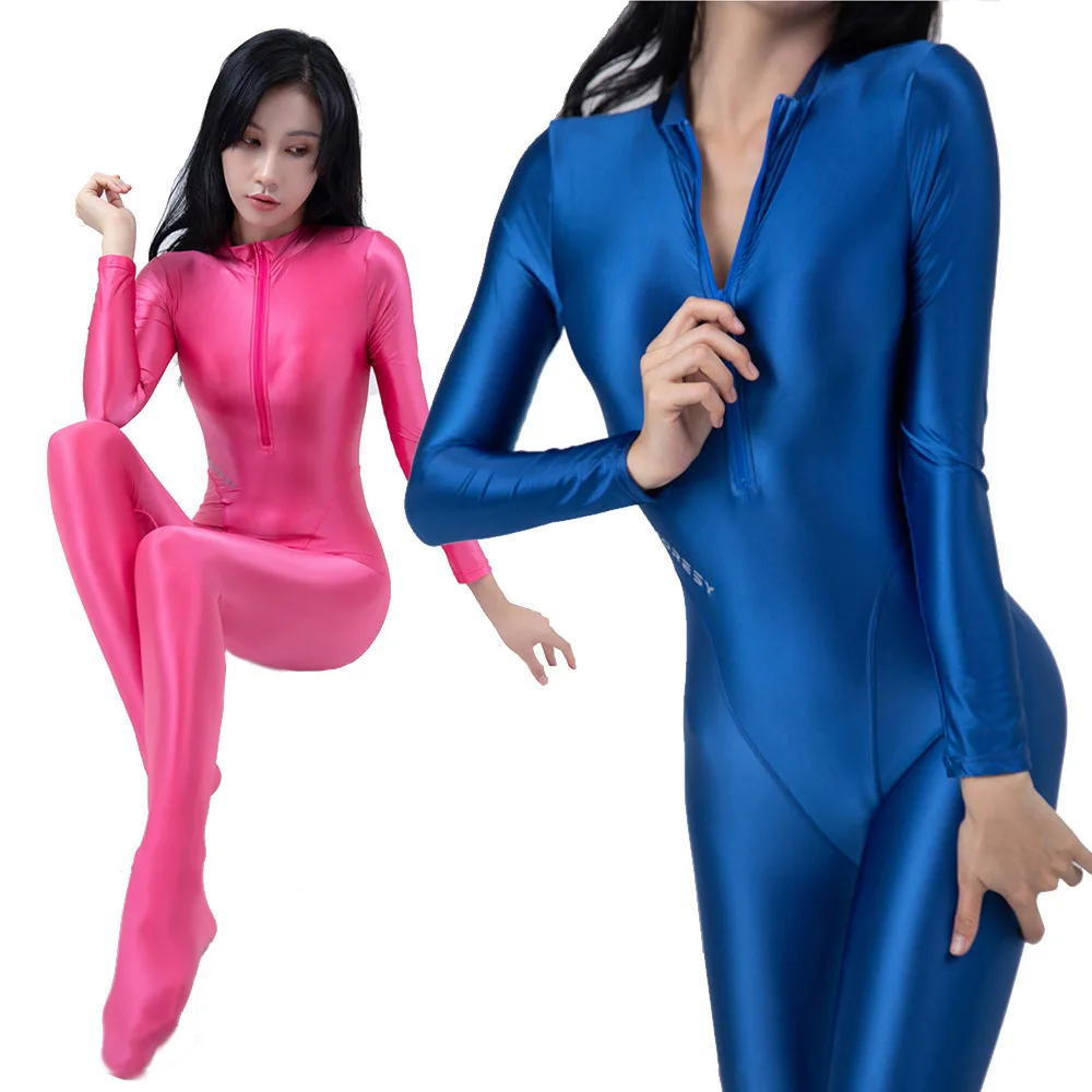 AMORESY damskie błyszczące rajstopy olejne pełnej długości Catsuit zamek błyskawiczny z przodu joga Zentai Playsuit seksowny gładki kombinezon na co dzień