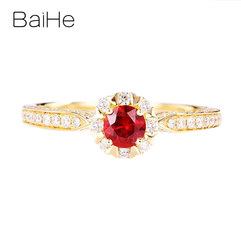 BAIHE-Anillo redondo de rubí Natural para mujer, sortija de oro amarillo de 14K, joyería fina, Anillo redondo de rubí bague, rubis