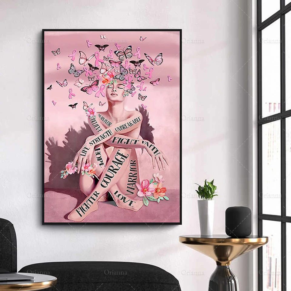 Pink Flower Butterfly Art Print, Pink Ribbon Sign Poster, Girl Power Wall Art,Modern Home Decor Posters Wall Art Canvas Painting