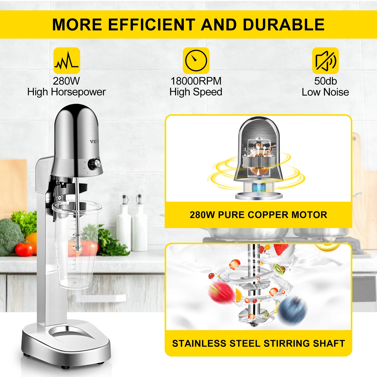 VEVOR ميلك شيك آلة التحريك 800 مللي رغوة الحليب الكهربائية شاكر خلاط مشروبات باردة/ساخنة خلاط 280 واط شاي فقاعات خلاط عصائر