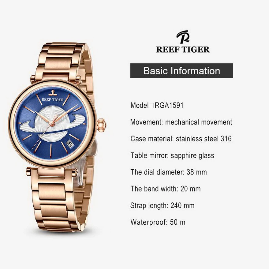 Reef Tiger Women Automatic Watches Luxury Fashion Ladies Mechanical Wristwatches Lady Dress Watch Sapphire Steel Strap RGA1591