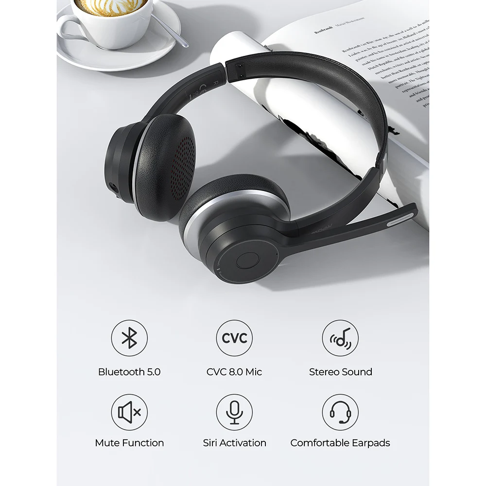 Mpow HC5 Bluetooth Headset with Mic Wireless Headphones Built-in CVC8.0 Noise Canceling Mic Handsfree for Office Call