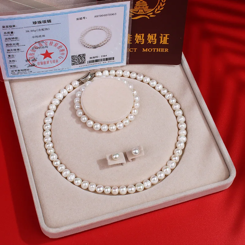 New Natural Freshwater Pearl Necklace Bracelet Earring Set Mother\'s Day Gifts for Mother-in-law