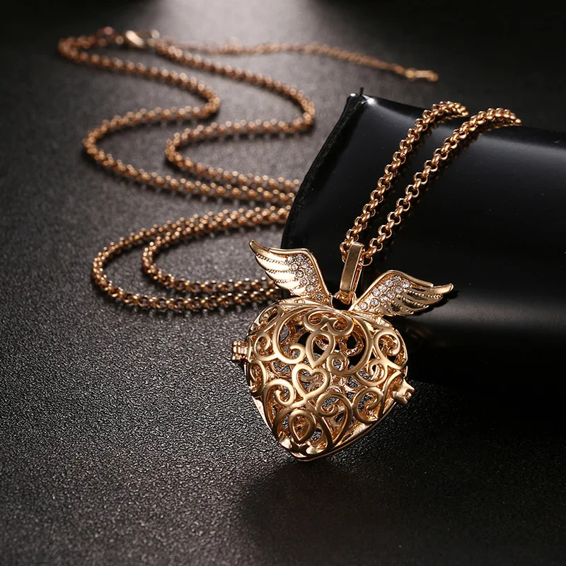 Mexico Music Ball LOVE Heart Pendant Vintage Angel Wing Zircon Aromatherapy Necklace Perfume Diffuser Locket Pregnancy Jewelry