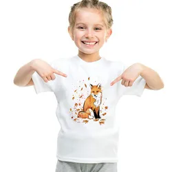 Boys and Girls Fox In The Snow Cartoon Fox Print T Shirt Kids Funny Clothes Animal Cute Summer White T-shirt