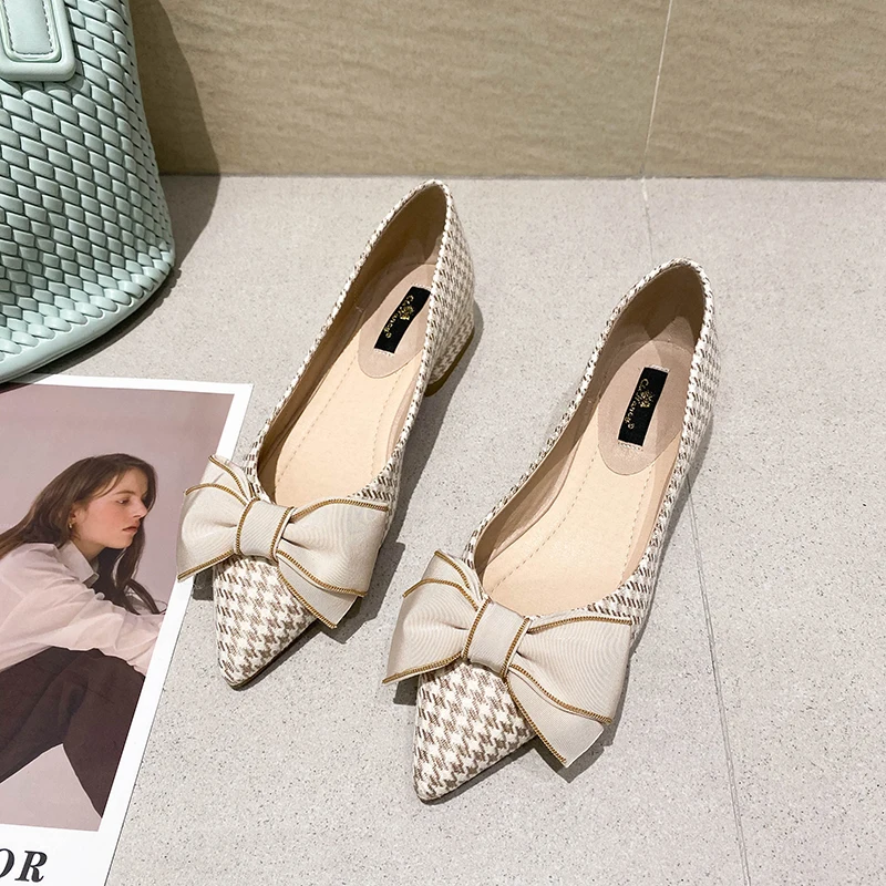 2022 Women Flats with Bow Black Shoes for Ladies Dressy Comfort Nude Shoes Spring Summer Size 31 32 33 44 45 46 Slipons Bowknot