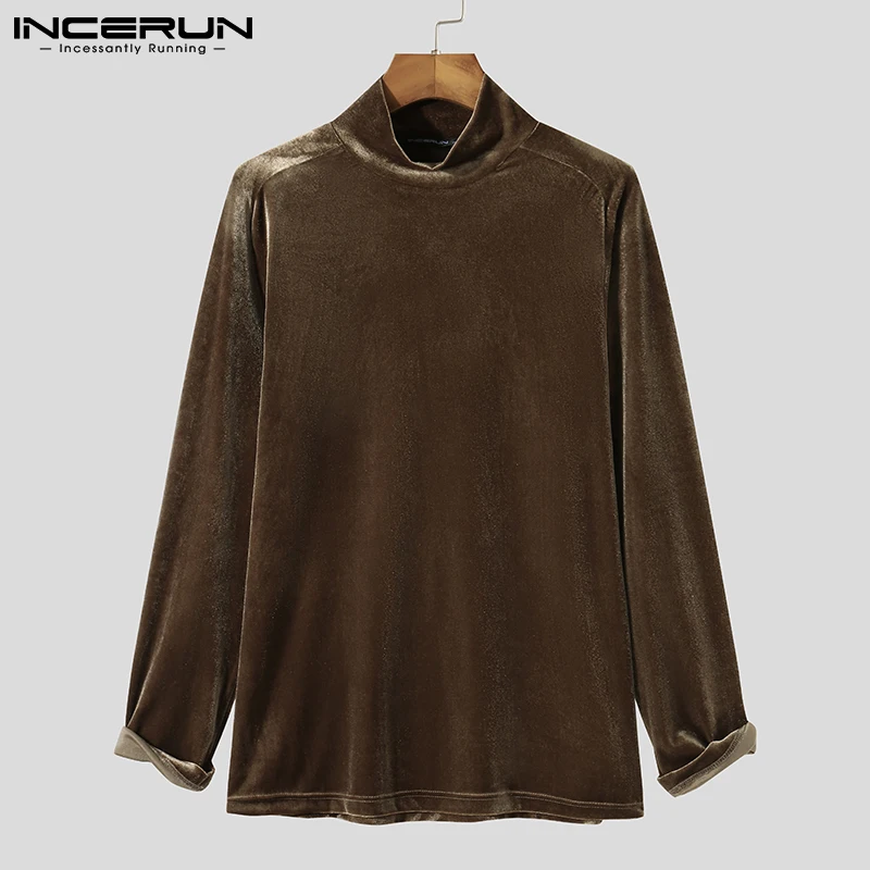 INCERUN Tops 2024 Solid Comfortable New Men Camiseta Long Sleeve Tees Plueche Male High Collar Pullover Bottoming T-Shirts S-5XL