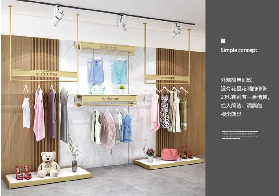 Gold clothing store display shelf hanging on the wall and side hanging combination men's and women's children's clothes hanging