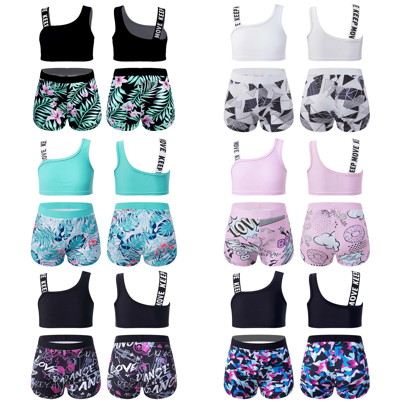 Kids Girls Ballet Dance Outfit Two Piece Asymmetric Shoulder Straps Crop Tops with Booty Shorts Sport Tracksuits Stage Dancewear