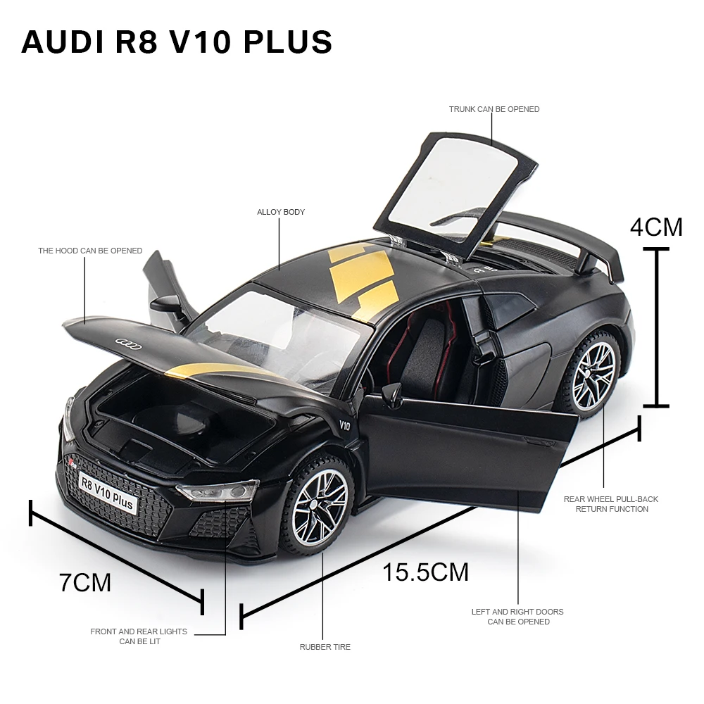 1:32 Audi R8 V10 Plus Supercar Alloy Car Diecasts & Toy Vehicles Sound and light Car Model Collection Car Toys For Children