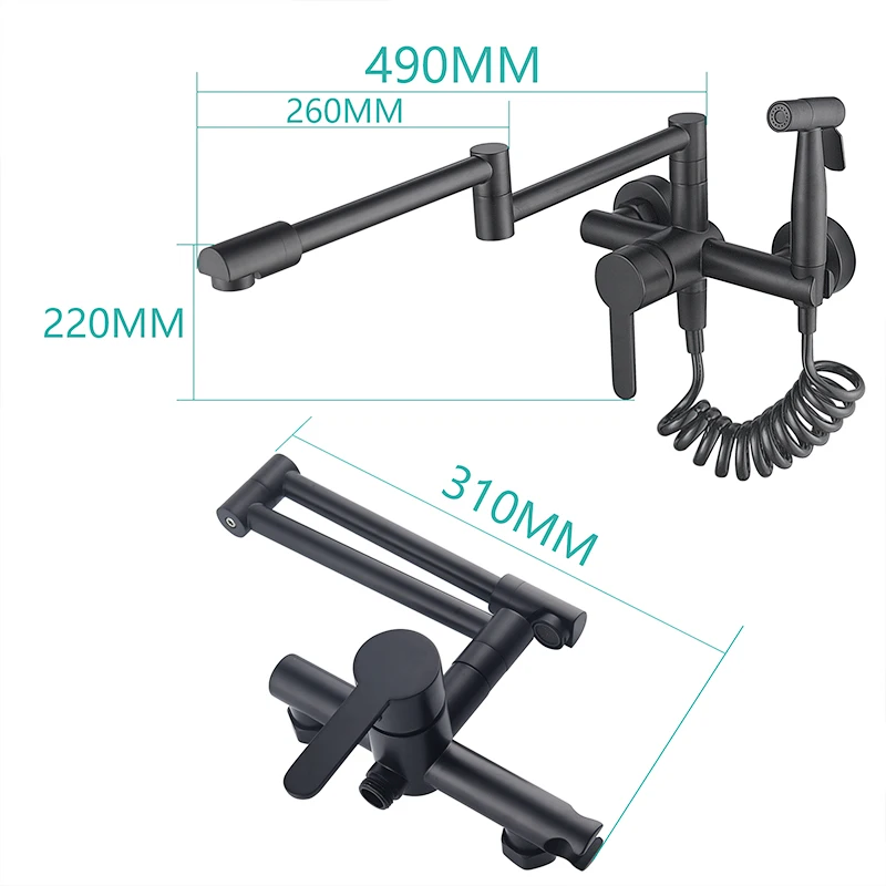 Brass Matte Black Wall Mounted Kitchen Faucet Pull Down Cold Hot Water With Spout 360 Rotation Dual Function Sprayer Taps ML1343