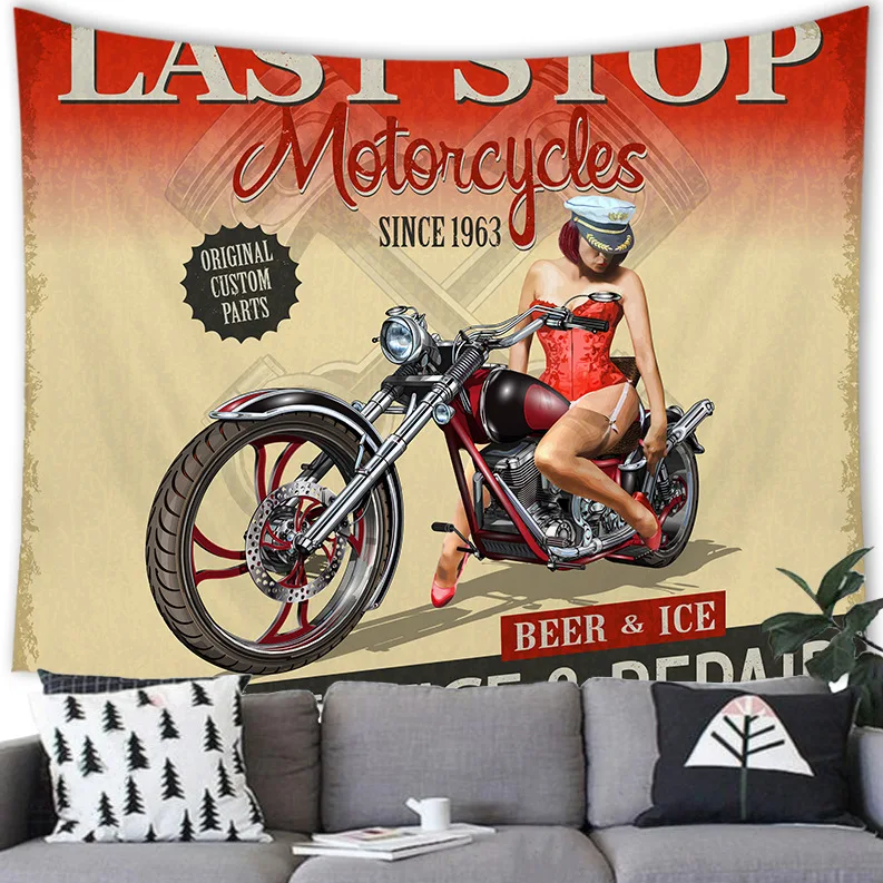 Retro American Motorcycle Poster Polyester Fleece Tapestry Printing Wall Hanging Home Decoration Wall Tapestry