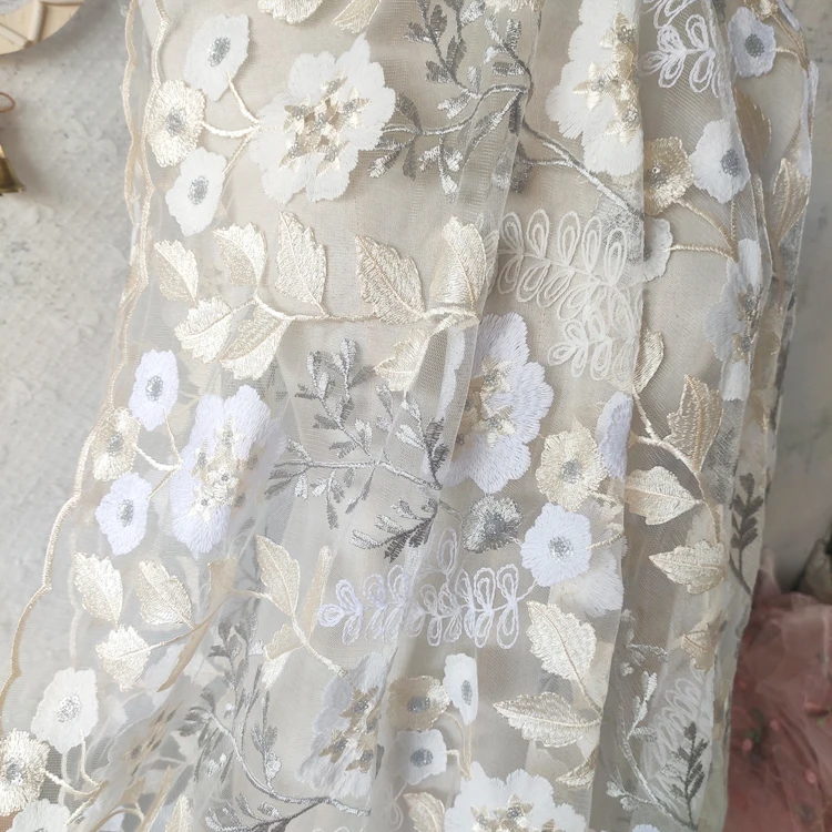 Apricot flowers leaves sequins lace fabric color mesh embroidery fabric clothing, wedding dresses, dress cloth