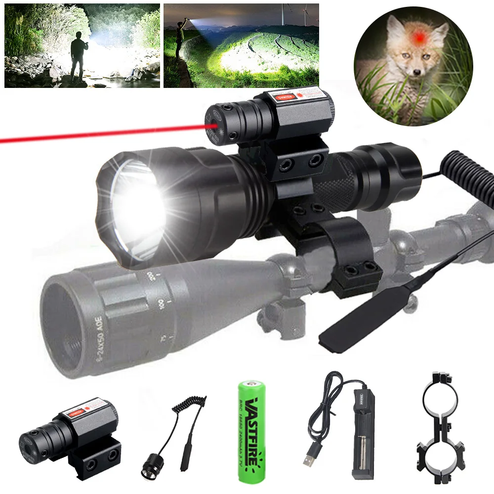 5000LM C8 Led Hunting Flashlight Tactical Weapon Light With Red Laser Sight Rail Barrel Scope Mount Pressure Switch