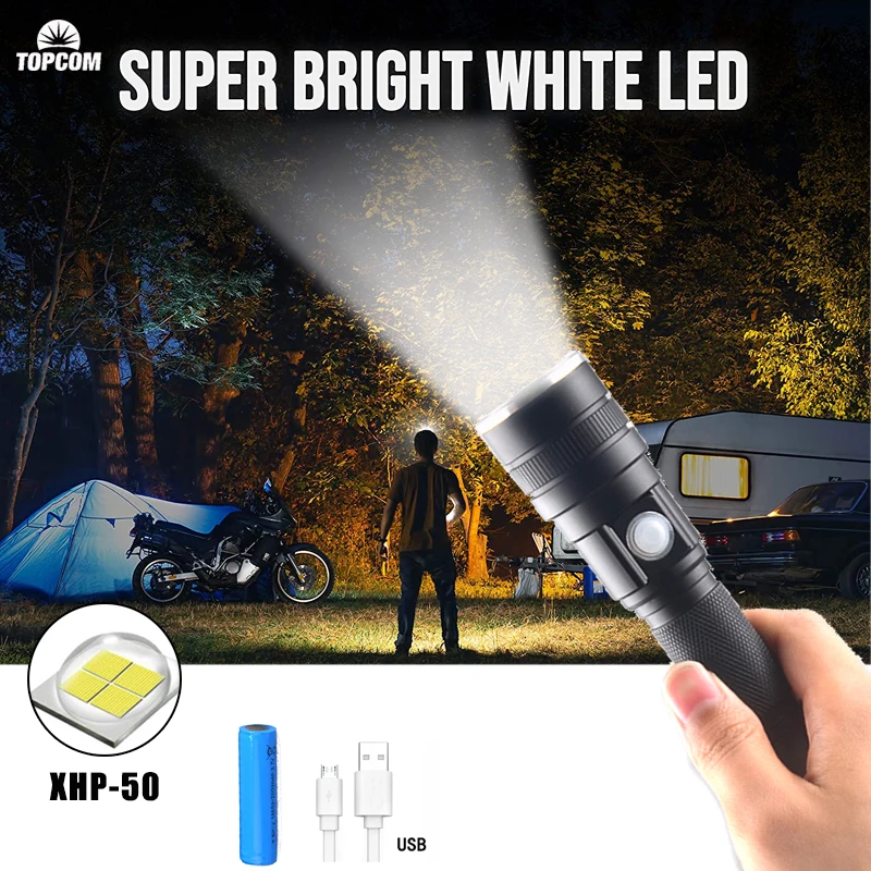 

TOPCOM Power Light XHP-50 LED EDC Flashlight USB Rechargeable Torch Light Indicator Zoom Tactical Lantern For Camping Hunting