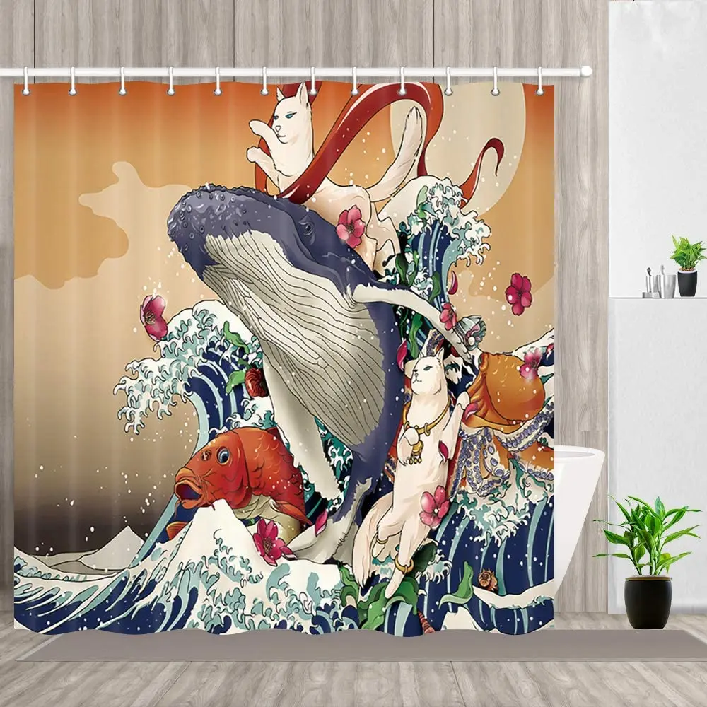 Sea Wave Whale Cat Waterproof Polyester Fabric Shower Curtain, Bathroom Decoration