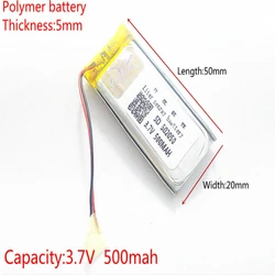 502050   3.7V 500mAH 502048 502248   PLIB; polimerowa bateria litowo-jonowa / litowo-jonowa do GPS, mp3, mp4, mp5,dvd, zabawka modelarska