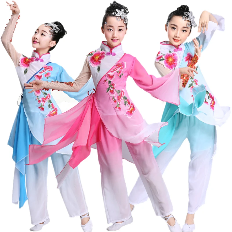 Delle ragazze dei nuovi bambini di danza classica di alta qualità del ricamo elegante costumi fan costume di ballo Jiangnan ombrello danza