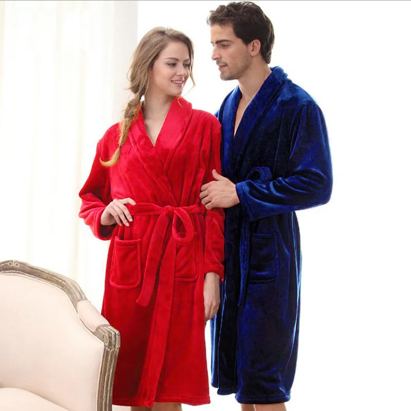 

2021 Latest Fashion Temperament New Lovers Bathrobe Long Sleeve Pajamas Solid Flannel Robe Long Warm European And American Forei