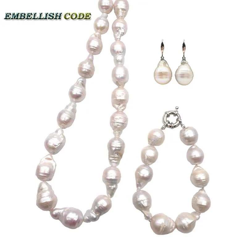 

White Huge Size Tissue Nucleated Flame Ball Pear Shape Baroque Pearl Statement Necklace Bracelet Earring Set Groove Ring Natural