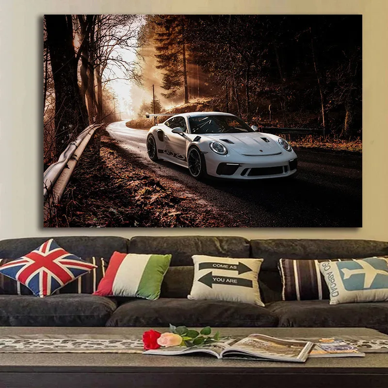 Modern Supercars 911 GT3 RS Wall Art Canvas Paintings White Car Forest Picture Print Vehicle Decoration For Living Room Unframed