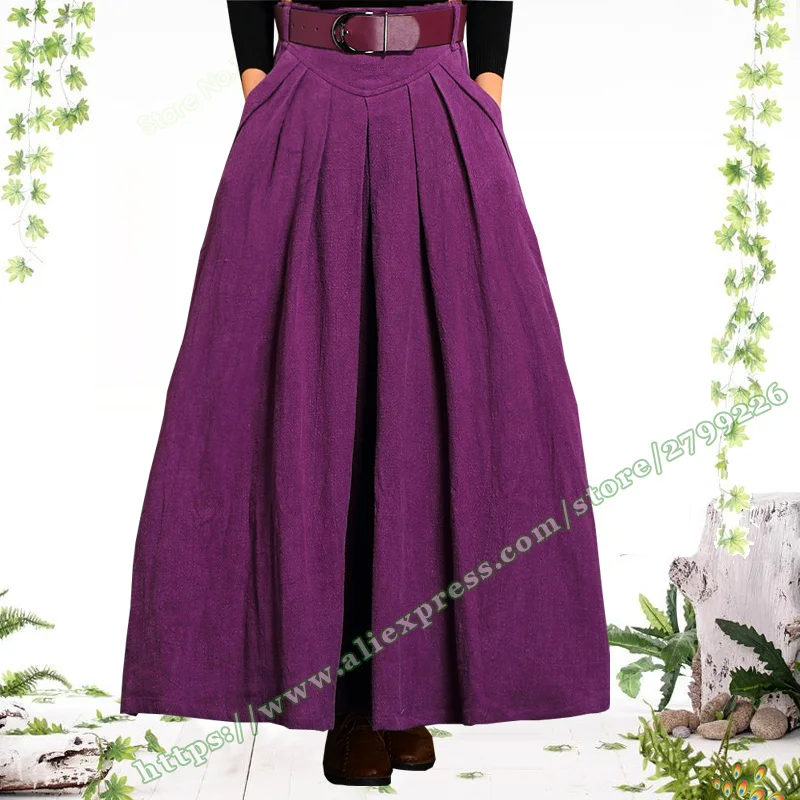 

Purple 100% Linen Casual Retro Autumn Winter Pleated Skirt Pocket Long Plus Size 7XL XXXXXL Long Pleated Skirts Womens designer