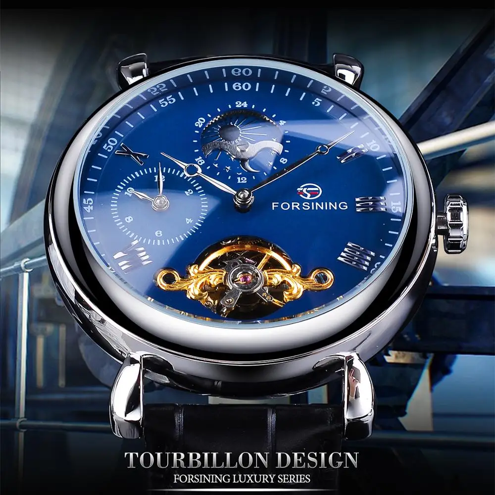 Forsining Dual Time Zone Design Blue Dial Leather Band Automatic Watch New Tourbillon Waterproof Moon Phase Mechanical Watch